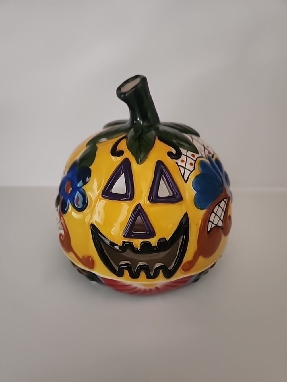 Blue Sky Hand Painted Jack O Lantern Halloween Ceramic Pumpkin Candle Holder New